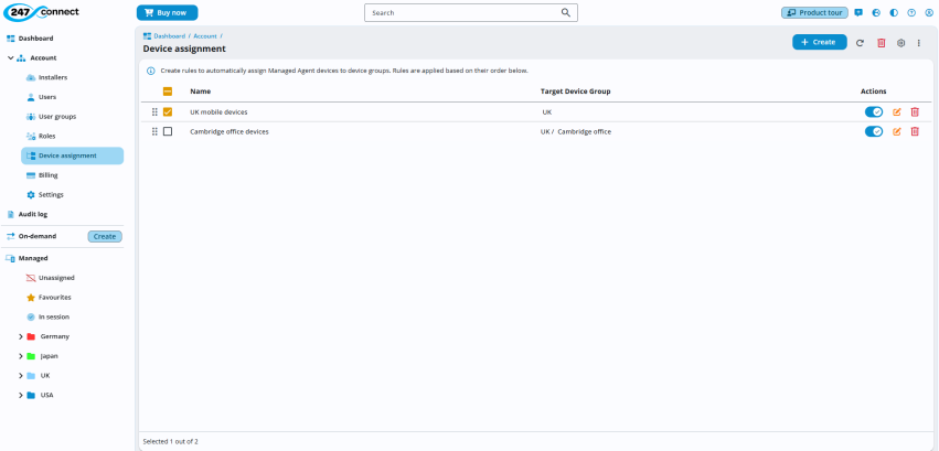 Device assignment page showing a list of rules. Two rules are listed: ‘UK mobile devices’ assigned to the UK device group, and ‘Cambridge office devices’ assigned to UK / Cambridge office. Each rule has actions to enable, edit and delete. A sidebar on the left displays navigation options such as Installers, Users, User groups, Roles, Device assignment, Billing and Settings.